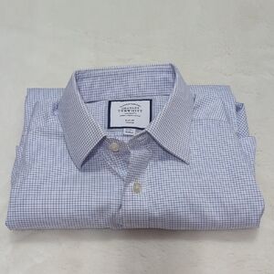 Charles Tyrwhitt White Blue Checkered Men's Shirt French cuff Slim Fit - 16/34